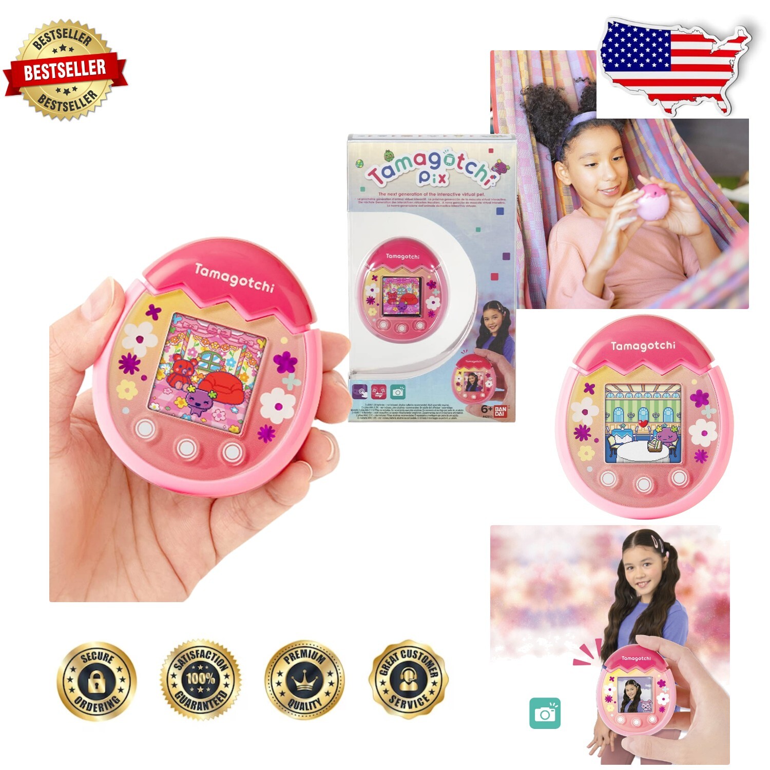 Tamagotchi Pix Interactive Virtual Pet with Camera & Games - Floral Pink Design-image
