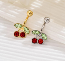 1PC Stainless Steel Red Cherry Rhinestone Navel/Belly Button Bar Piercing