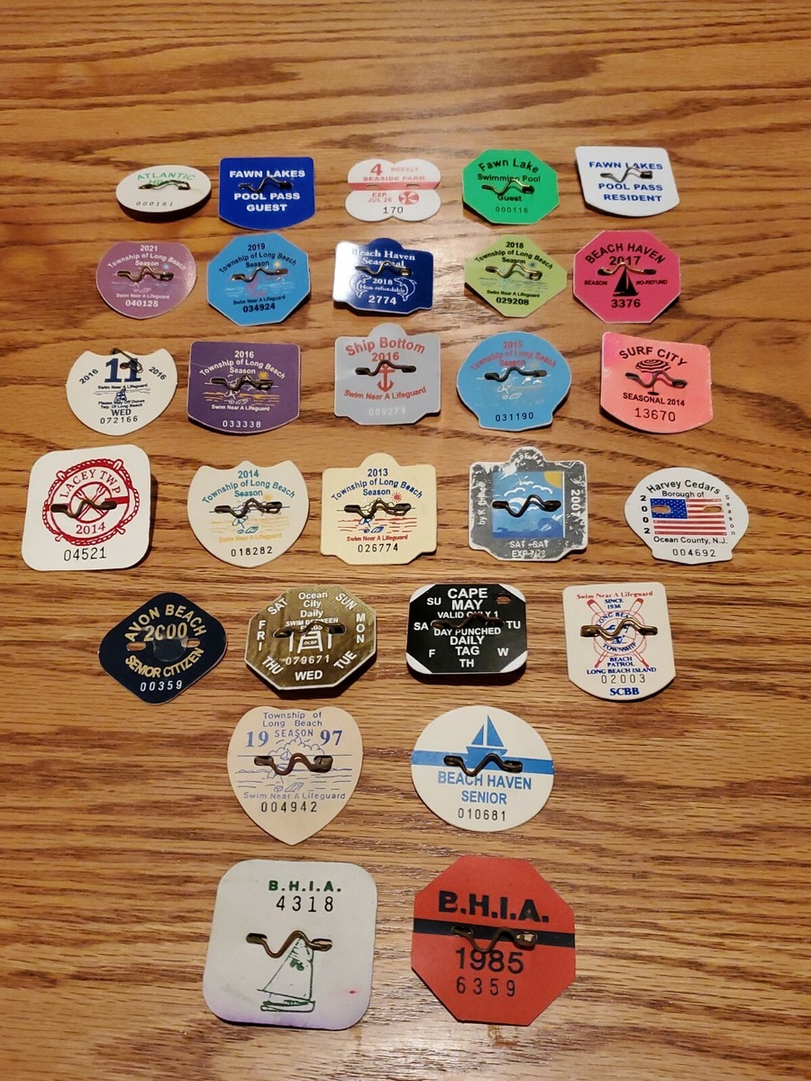 COLLECTION OF 28 NEWJERSEY BEACH BADGES POOL 1985-2021 LBI CAPE