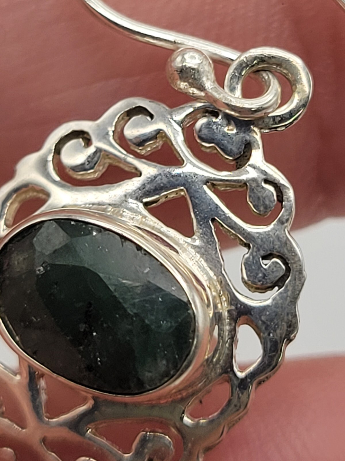 Sterling Silver Scroll Deep Green Gemstone Dangle… - image 10