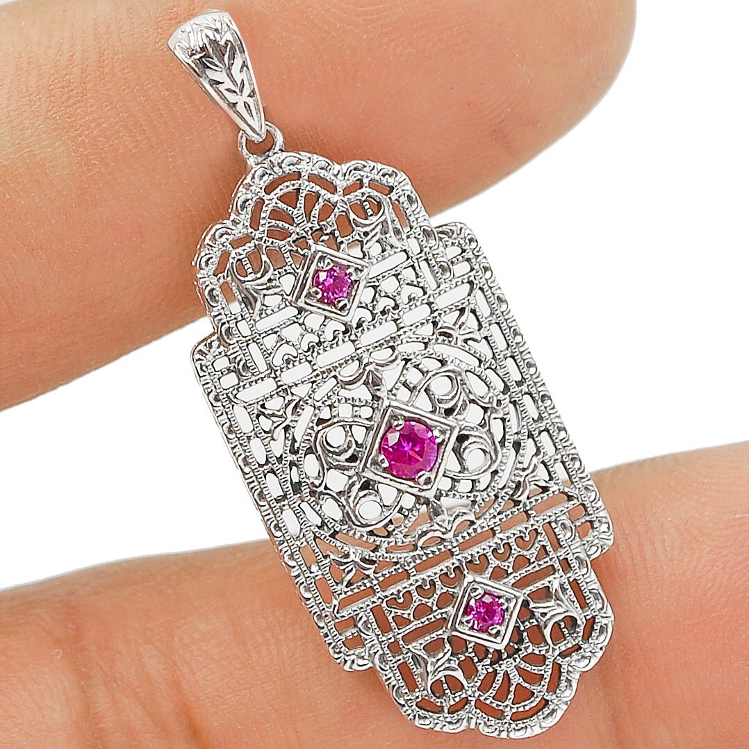 Treated Pink Sapphire 925 Sterling Silver Victorian Style Pendant Jewelry Y1201
