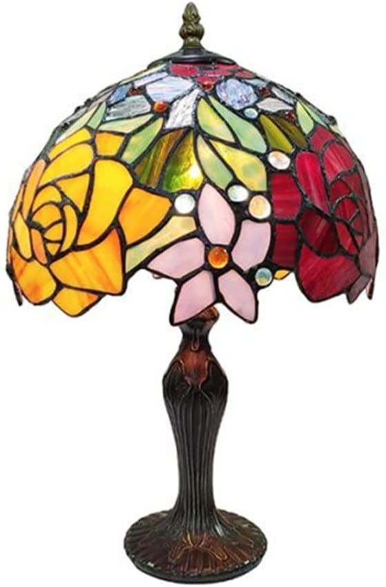 Rose Flower Genuine Stained Glass Table Lamp Antique Bronze Zinc