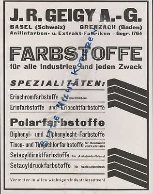 BASEL GRENZACH, Werbung 1931, J. R. Geigy AG Farbstoffe