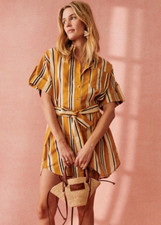 Sezane Celia Striped Shirt Dress Ochre Yellow Mini Cuffed Roll Sleeve Sz M