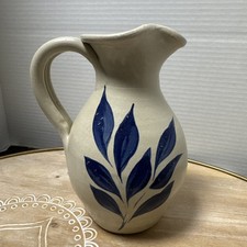 Williamsburg Pottery Hand Turned Pitcher Blue Leaf Flower Virginia USA