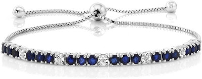 925 Sterling Silver Blue Sapphire and White Diamond Tennis Bracelet Jewelry for