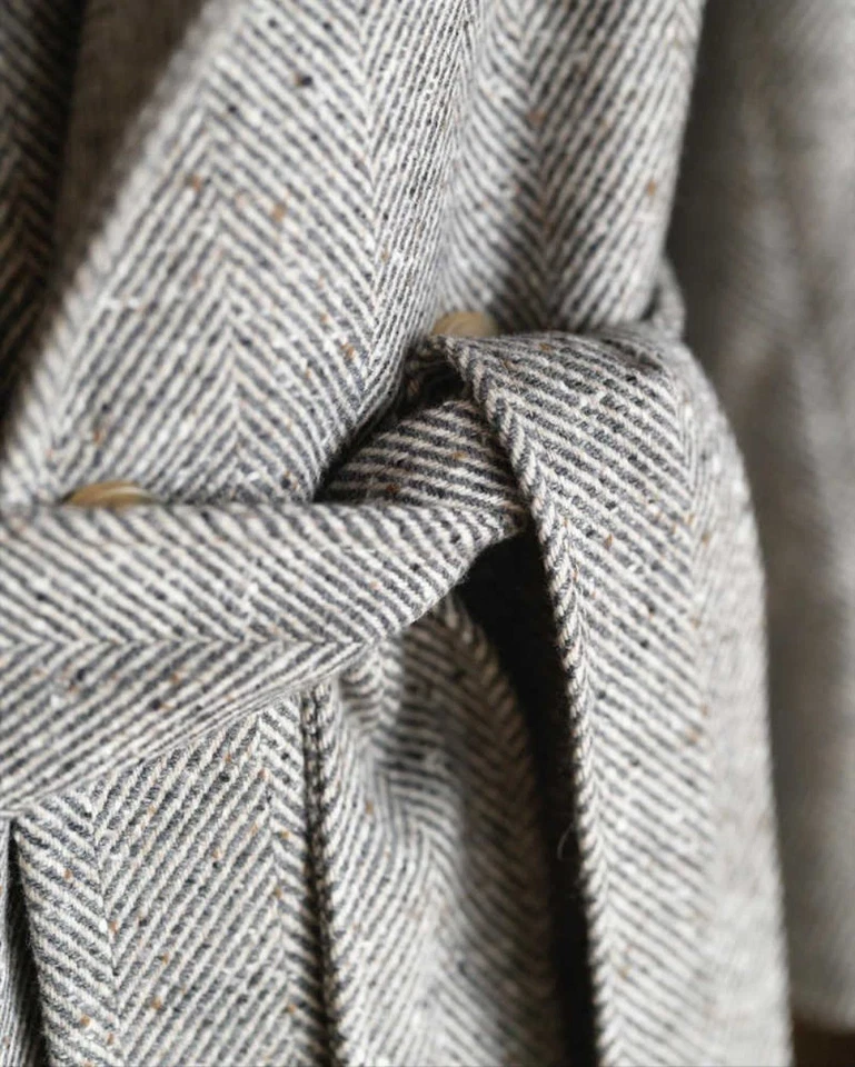Herringbone Men Tweed Overcoat Trench Coat with Belt Double Breasted Long Coat - Image 4 of 4