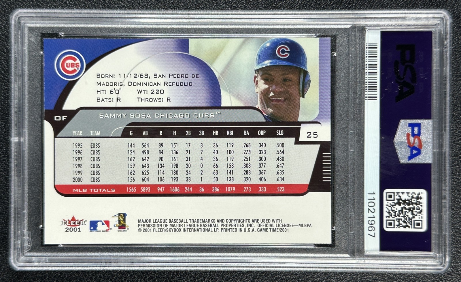 POP 1 SAMMY SOSA PSA 10 2001 FLEER GAME TIME #25 CUBS 1967 view 2