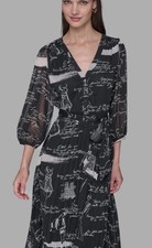 NWT Karl Lagerfeld Black and White Script Midi  Pleated Dress, Sz.16, Ret.$ 158