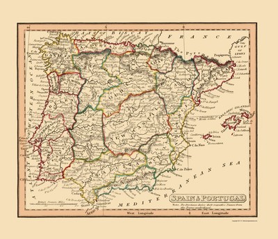Historic Map - Spain Portugal - Thomas 1835 - Vintage Wall Art