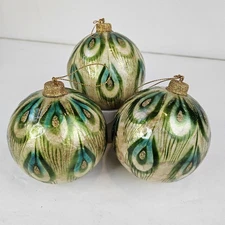 Lot of 3 Pier 1 Peacock Ornaments Feather Design Capiz Christmas Tree Ball 3.5"