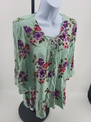 Women's Blu Pepper Green Floral Long Bell Sleeve V Neck Knee Length Dress Size M