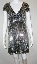 Jovani Sequin Short Sleeve Silk Dress Short Black Silver size 2 V Neck Evening
