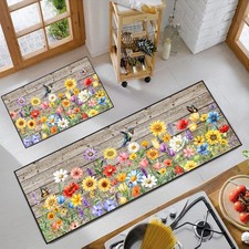 JWXCBIM Colorful Flowers Kitchen Rug 2 Piece Set, 17"x47" 17"x30", Flower