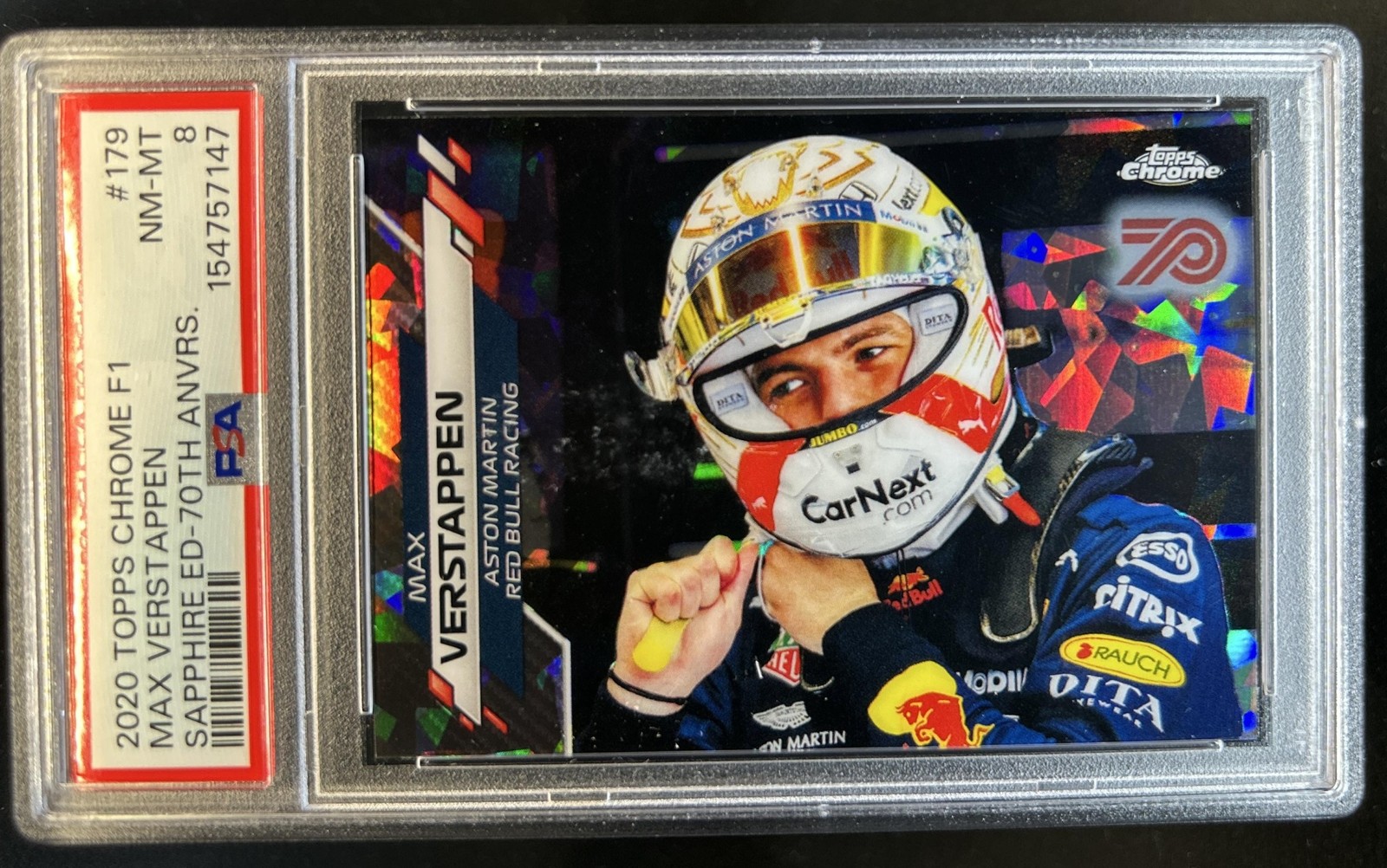 2020 Topps Chrome Sapphire F1 Max Verstappen 70th Anniversary #/70 PSA 8