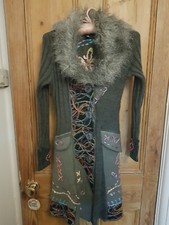 Izabel Of London Size 8 Embroidered Long Cardigan Coat Faux Fur Collar Grey