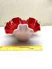 Vintage Kanawha White Hobnail Ruffled Bowl With Red Overlay Inside.