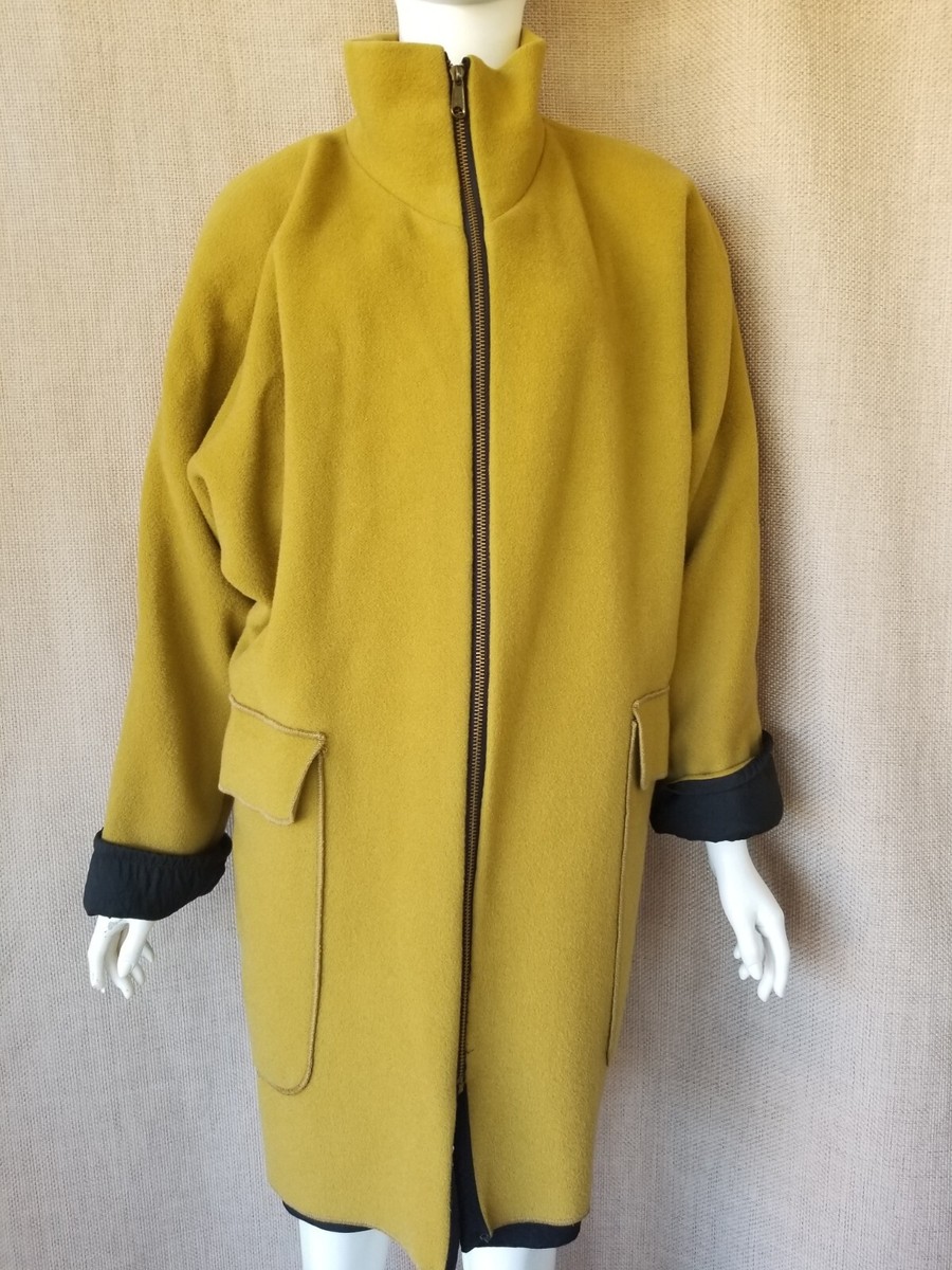 MERLE Chartreuse Pure Wool Funnel Neck Reversible Womens Coat