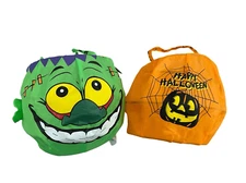 Lot Of 2 Collapsable Pumpkin Trick Or Treat Buckets Halloween Spooky Holiday