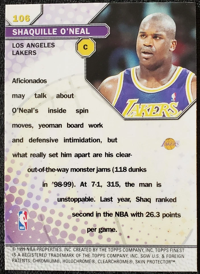 1999-00 Shaquille O'Neal Los Angeles Lakers NBA Topps Finest Gems Card #106 - Image 2 of 2