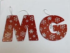 Letter M G Initials Christmas Ornament Tree Set 2 Lot Wooden Snowflake Red White