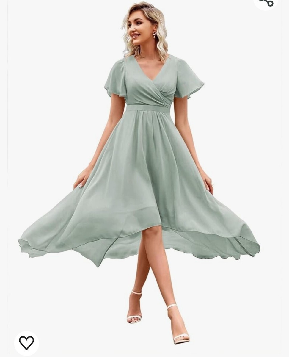 sage green short bridesmaid dresses YMSHA Pleated size 4 Dress for Women V Neck Sleeve Formal Backless Trend Collections Style:64865W JJ's House Bridesmaid Dresses Size (SML):Small