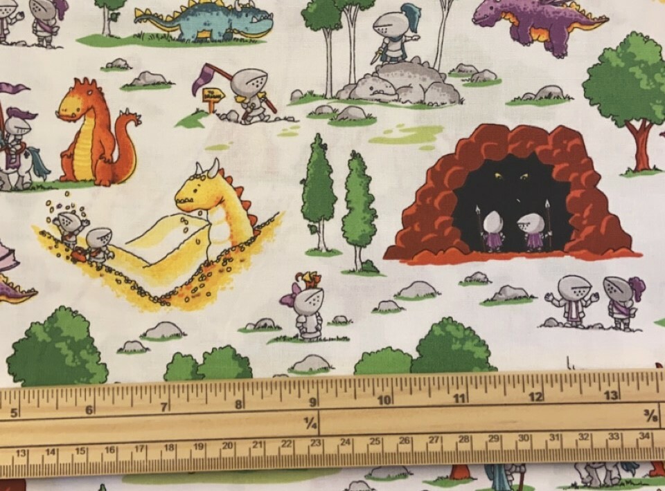 Fat Quarter Dragons And Knights Allover White 100% Cotton Quilting Fabric