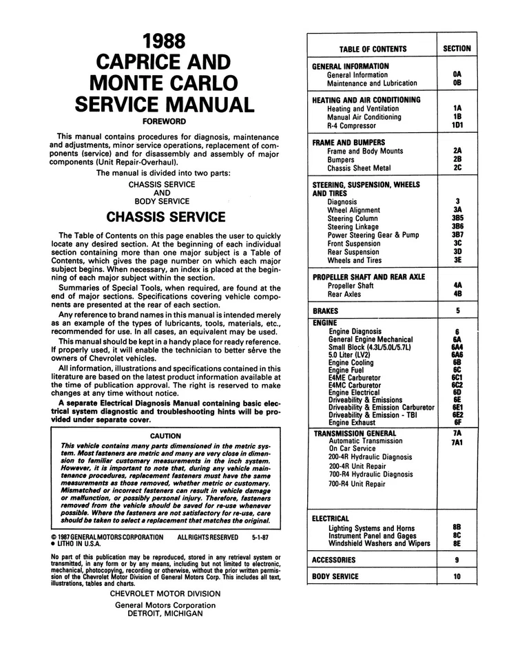 1988 Chevrolet Monte Carlo, Caprice Chassis & Body Service Manual - Image 2 of 4