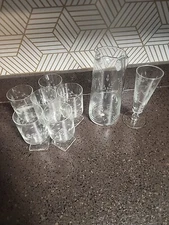Set Of Romanian Etched Glass 6 Goblets A Pitcher And Champagne Flute