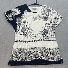White Cross Scrub Top Women XS B/W Assymetrical Floral Print Medical Dental Vet