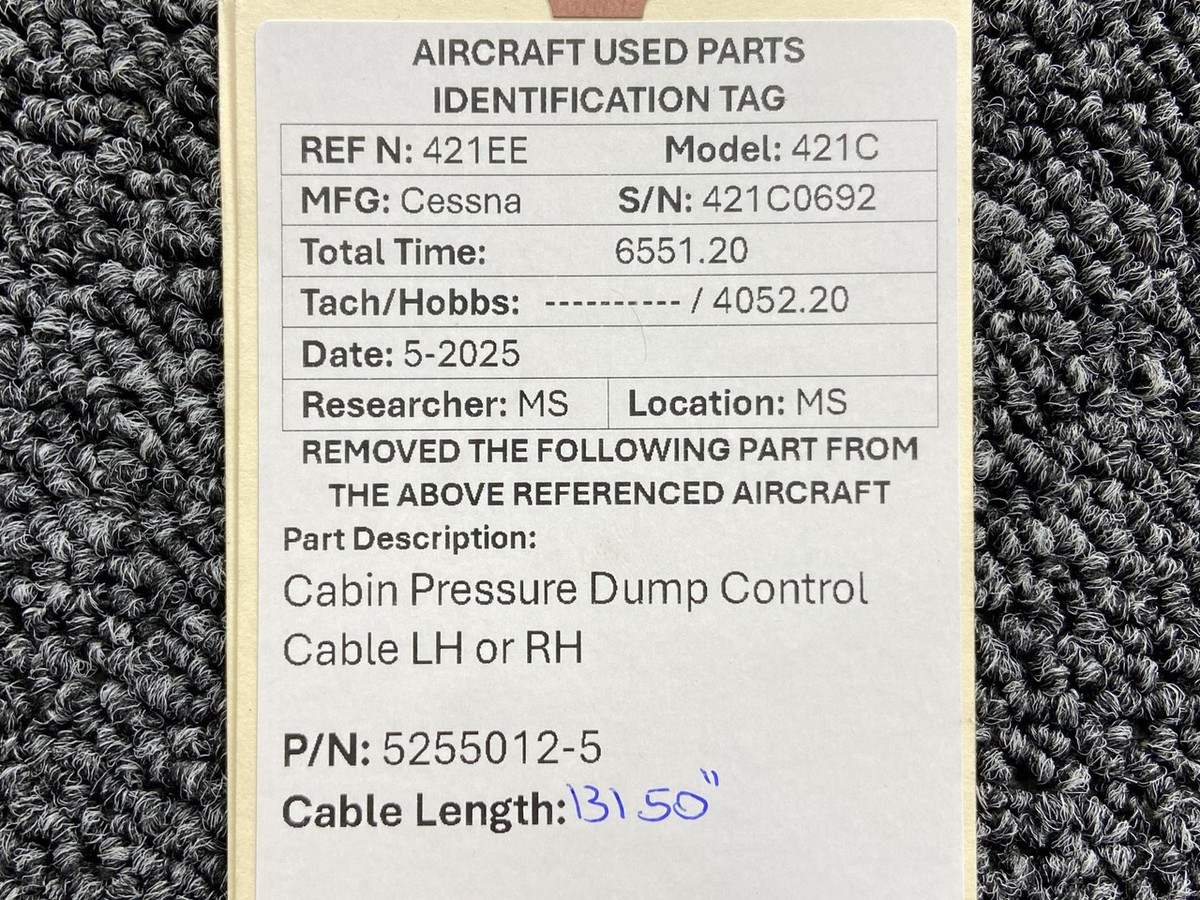 5255012-5 Cessna 421C Cabin Pressure Dump Control Cable LH or RH
