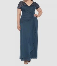 Xscape Women's Blue Beaded Illusion-Trim Ruched Side Gown Dress Plus Size 18W