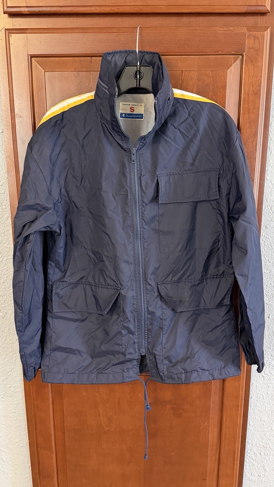 Champion, Vintage Champion Products Navy Yellow Windbreaker Jacket Zip Closure Hidden Hood