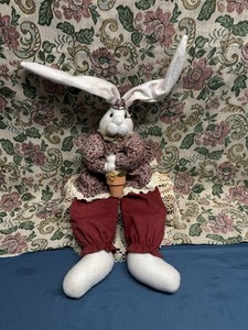Vtg Fabric Shelf Sitter Rabbit, Floral Dress Lace Trim, Red Pants Holding Pot.