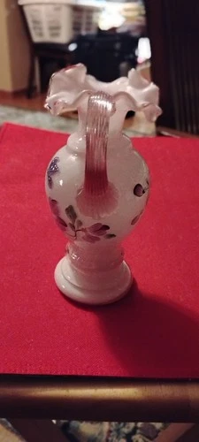 ​Fenton Burmese Glass Hand Painted Signed Pitcher Vase Ruffled Edge