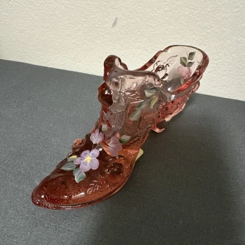 VTG Fenton  Glass Pink  Cabbage Rose Shoe Hand Painted Florals, Signed