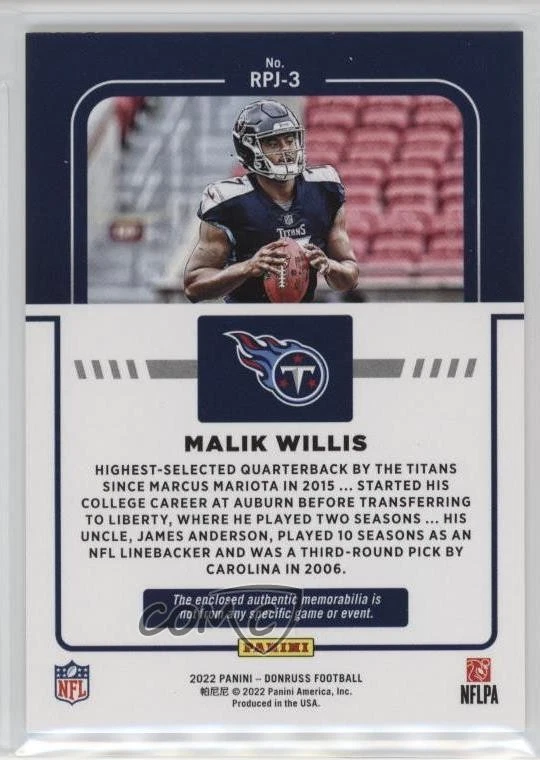 2022 Panini Donruss Rookie Phenom Jerseys Orange Malik Willis #RPJ-3 RC - Image 2 of 2