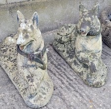 Pair Of Vintage Weathered Stone German Shepard Garden Statues