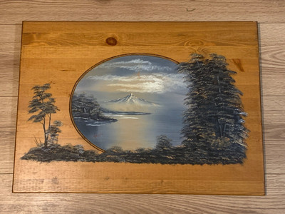 Mid Century Original Mount Fuji Painting on Carved Wood Panel   M. Sykes Signed
