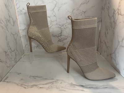 Steve Madden Maxwelle Beige Knit Sock Boot Heels Size 9M Rhinestone Heel New