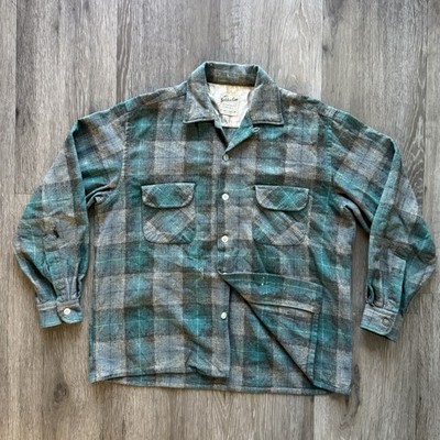 VTG Golden Line Flannel Plaid Shirt Wool Blend Mens Large Green Gray Loop Collar