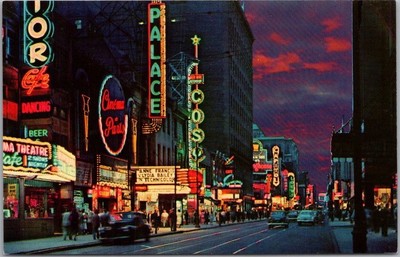 Vintage 1950s MONTREAL Quebec Canada Postcard ''Ste. Catherine Street W at Night''