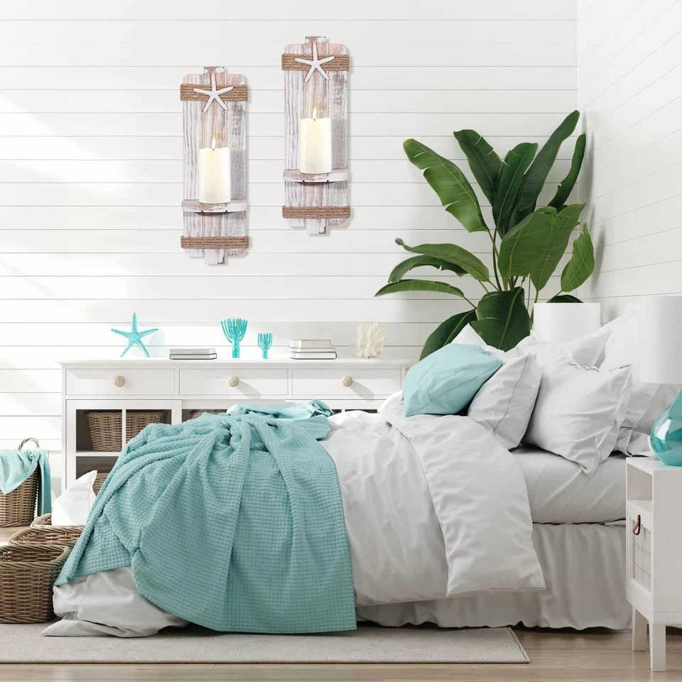 Juego de 2 apliques de velas de pared con estrellas de mar desvestidas - Decoración de playa temática de océano con... Foto 4 de 4