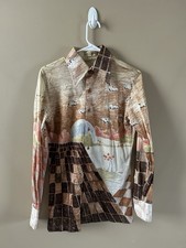 Vintage 70s Augie Shirt Mens Medium Disco Art Sky Print Nik Dagger Collar Nylon
