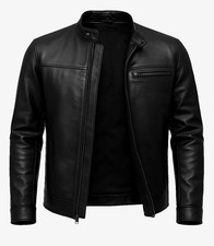 Men's Black Leather Jacket Motorcycle Racer Biker Stand Collar Casual Jacket
