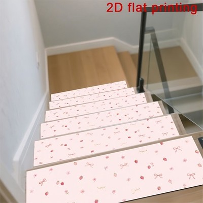 Pink Strawberry Floral Patterned Stair Mat, Non-Slip Stair Carpet, 2D Flat Des