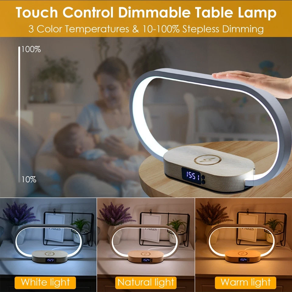 Bedside Lamp with Clock 10W Fast Wireless Charger USB Port Nightstand Touch Lamp - Image 4 of 4