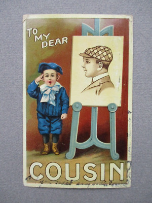 Postkarte An meinen lieben Cousin von 1909 Grüße kleiner Junge mit Gemälde auf Staffelei