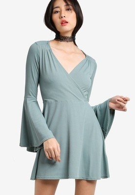 Wrap Dress Ex TopShop Ribbed Green Trumpet Flare Sleeve