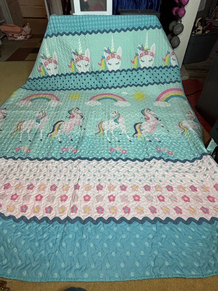 Colcha edredón de unicornio azul turquesa arco iris almohada funda doble Foto 3 de 4